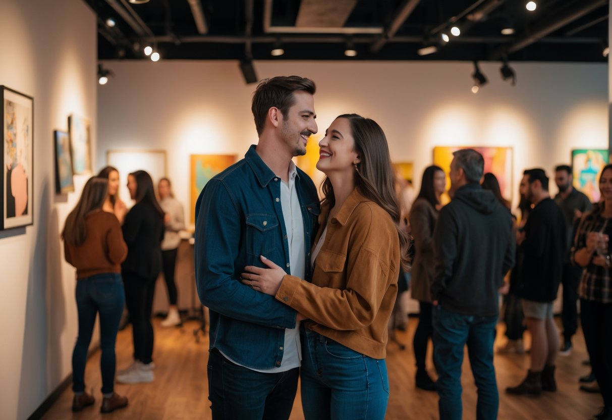 A young couple enjoying a live music performance inside an art gallery with paintings on the walls.