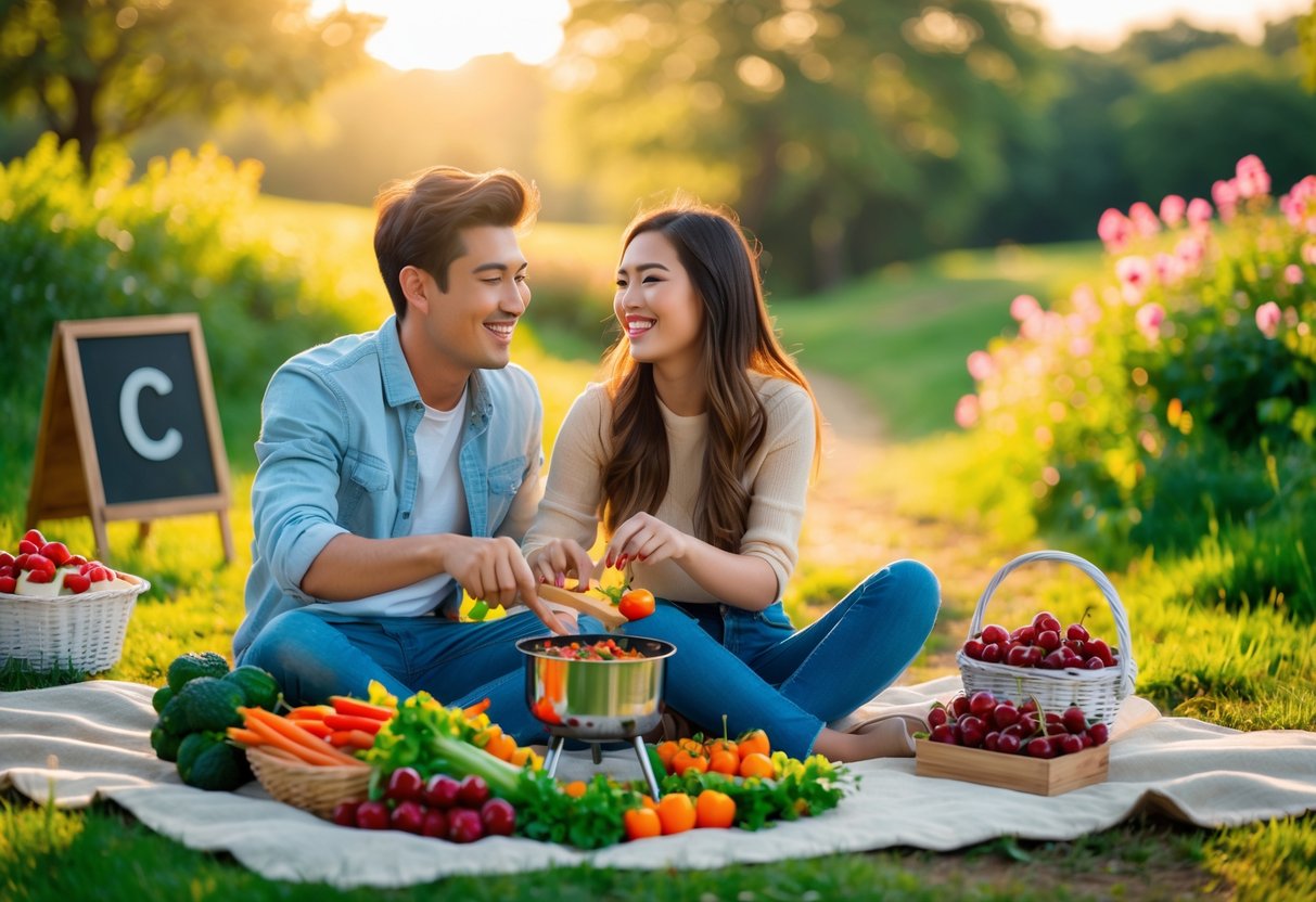 A young couple enjoying a cheerful outdoor date together, cooking and cycling in a sunny park surrounded by greenery and flowers.