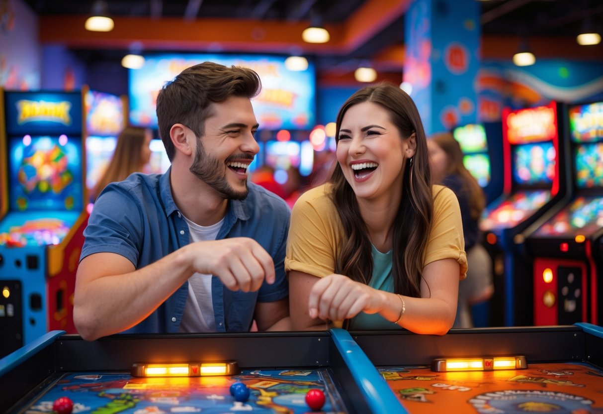 A young couple playing arcade games and smiling together at an indoor entertainment center.