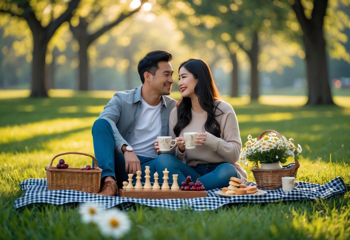 A couple enjoying a cozy outdoor picnic with items like cherries, cappuccinos, and a chessboard on a checkered blanket in a green park.
