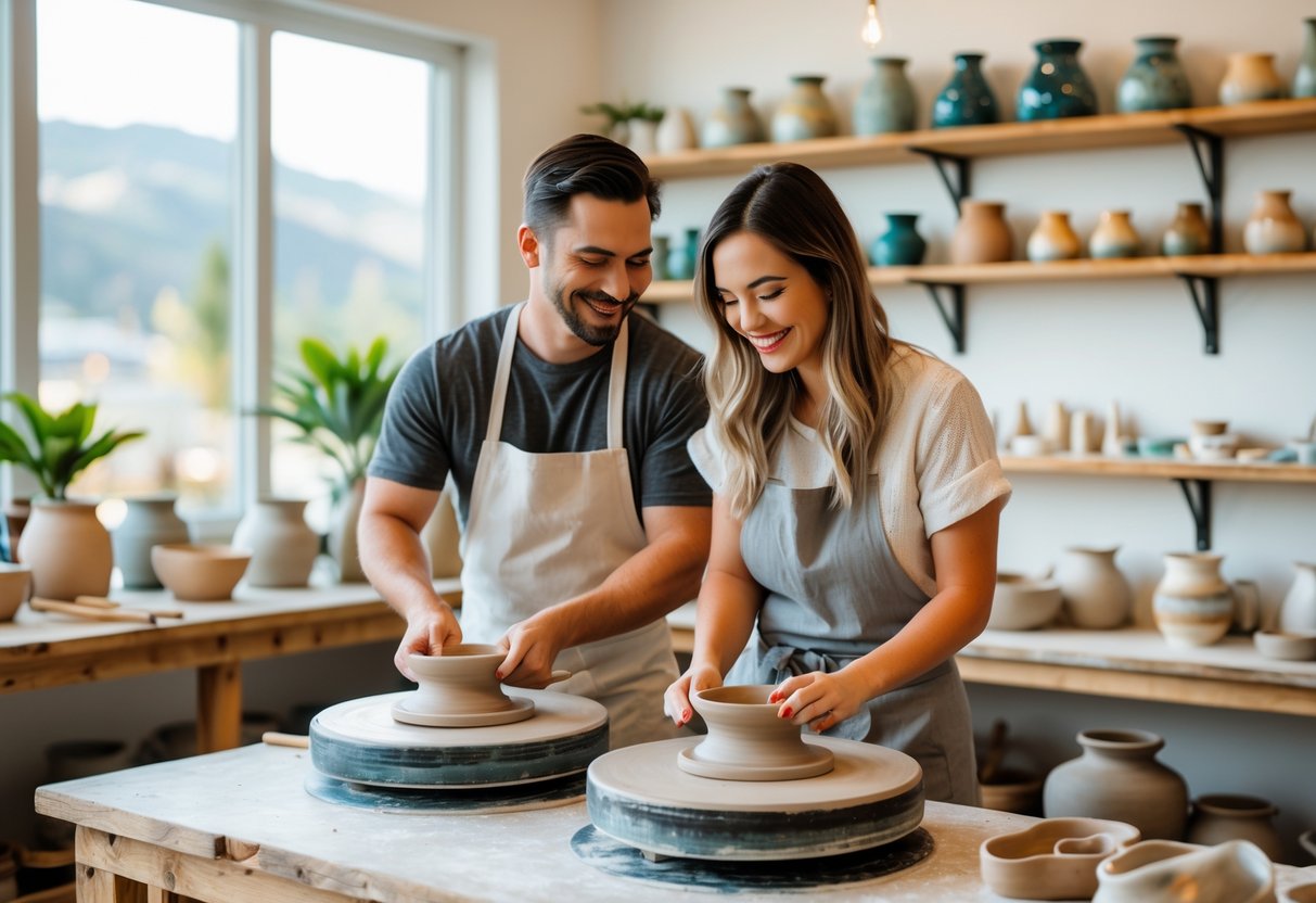 A couple making pottery together in a bright ceramics studio with shelves of ceramic pieces around them.