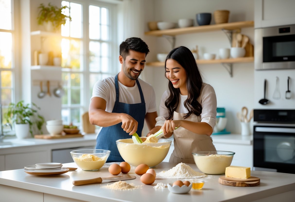 A couple happily baking together in a bright kitchen with baking utensils and ingredients on the counter.