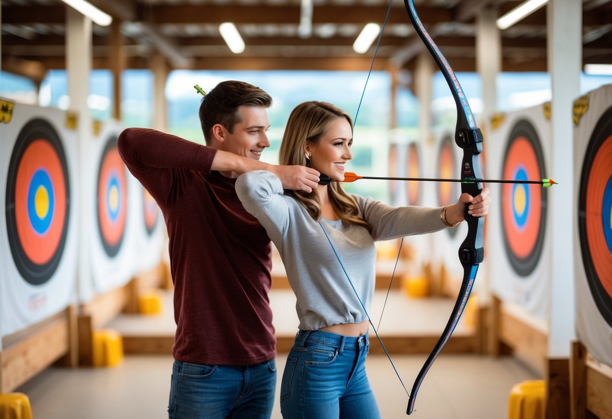 A young couple practicing archery together indoors, aiming at targets in an archery range.