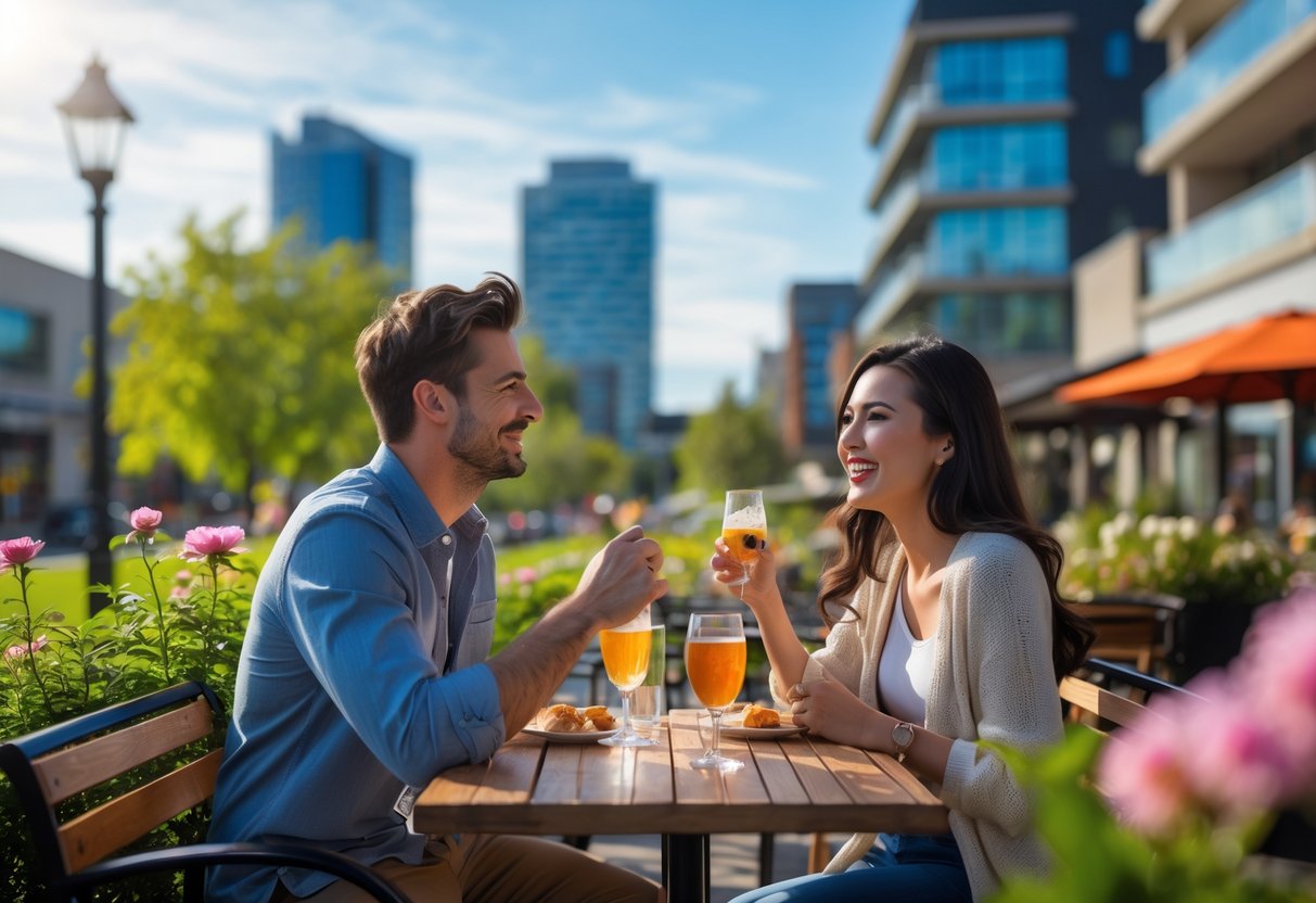 A young couple smiling and talking while sitting outdoors in a park with greenery and modern buildings in the background.