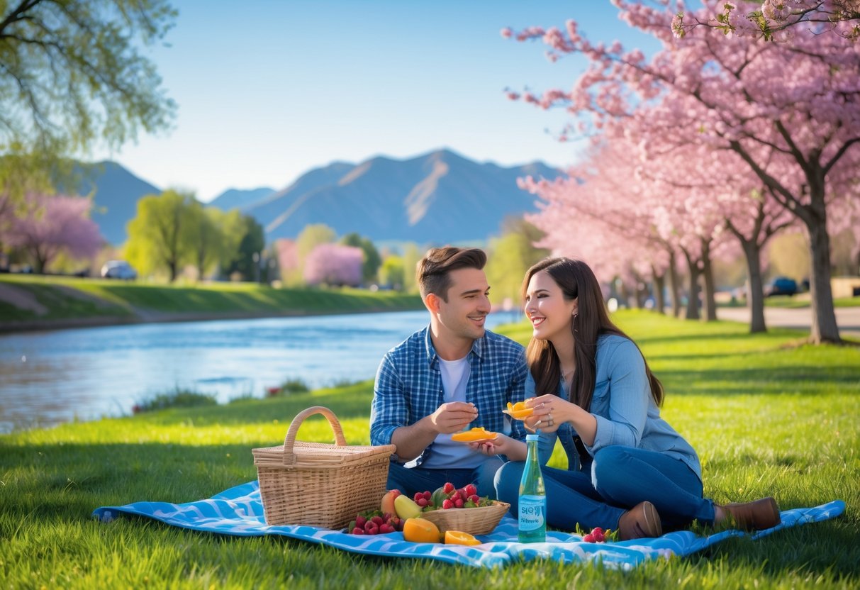 A young couple enjoying a picnic in a green park with blooming flowers and mountains in the background on a sunny day.