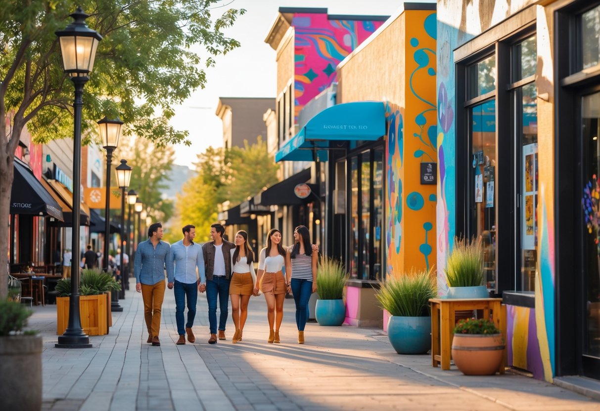 Couples and friends walking along a tree-lined street with colorful murals, shops, and cafes in an urban neighborhood.