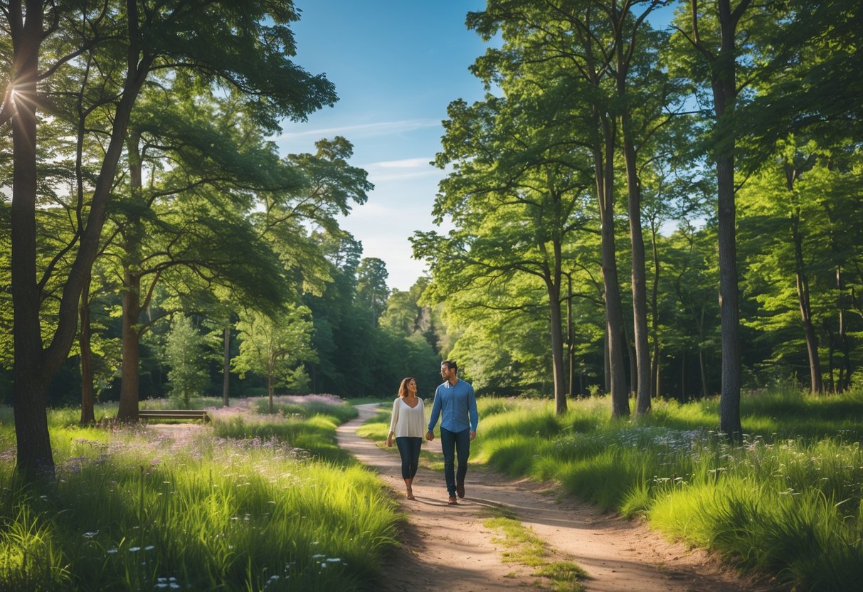 A couple walking hand-in-hand along a tree-lined path in a green park on a sunny day.