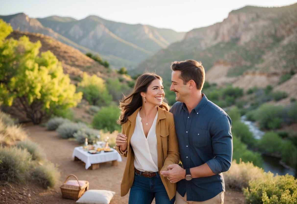 A couple hiking on a scenic trail with mountains and greenery in the background, enjoying a romantic outdoor date.