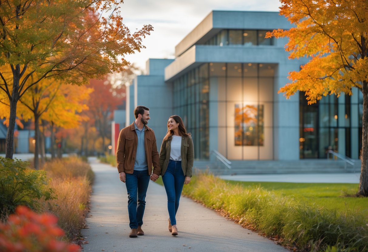 A couple walking hand-in-hand outside an art gallery surrounded by trees with autumn leaves.