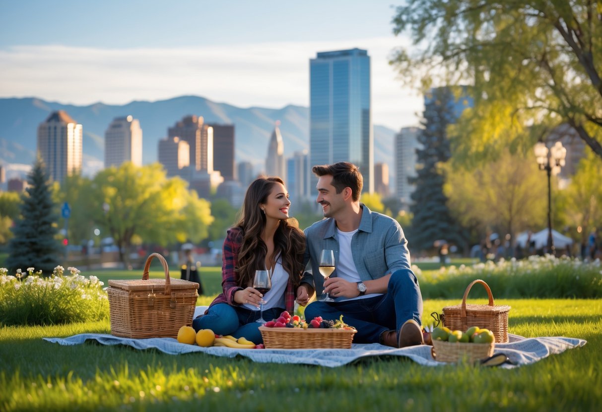 A young couple having a picnic outdoors with Salt Lake City skyline and mountains in the background.