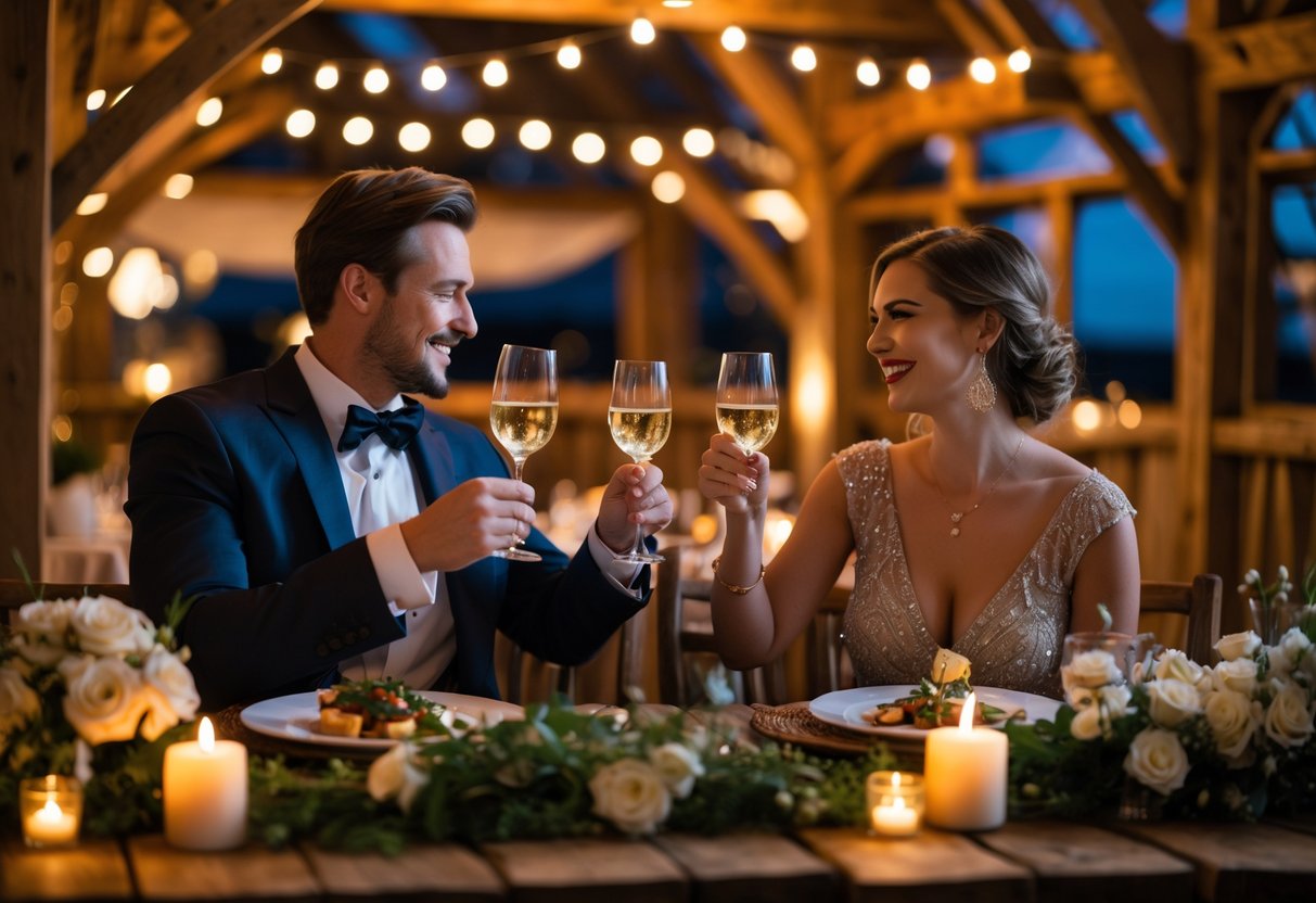 A couple enjoying a romantic dinner at a rustic barn-style restaurant with candlelight and warm lighting.