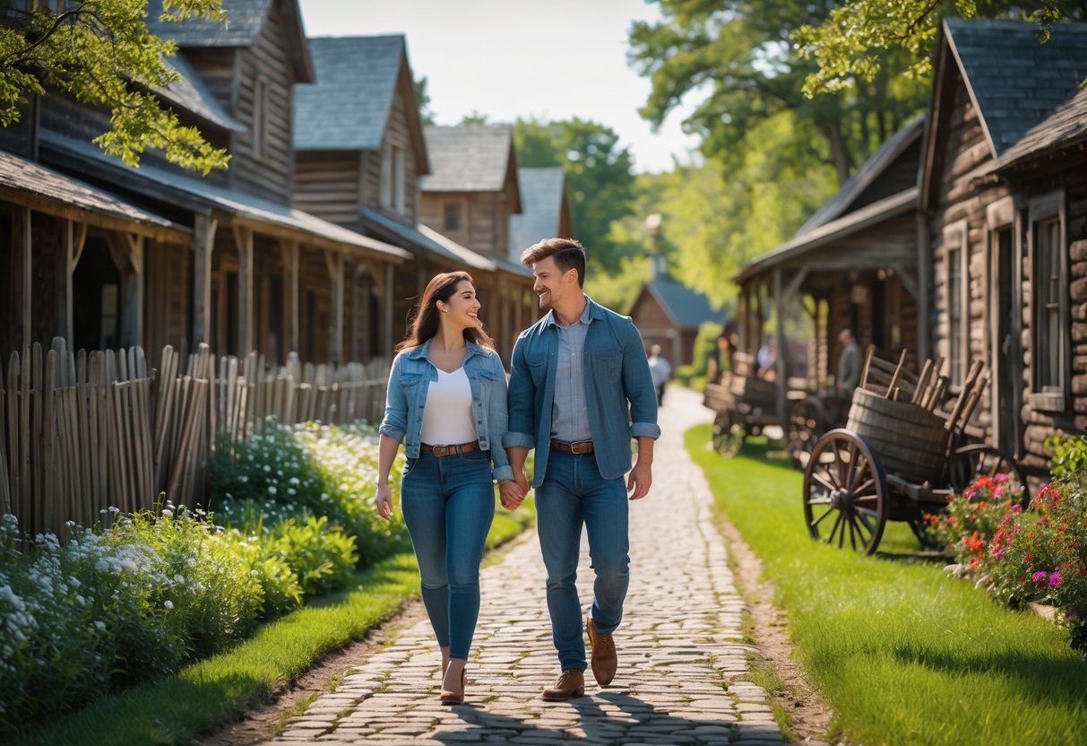 A young couple walking hand-in-hand along a cobblestone path in a historic village with wooden buildings and greenery on a sunny day.