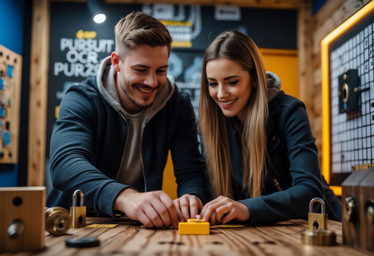 A young couple working together on puzzles inside an escape room.