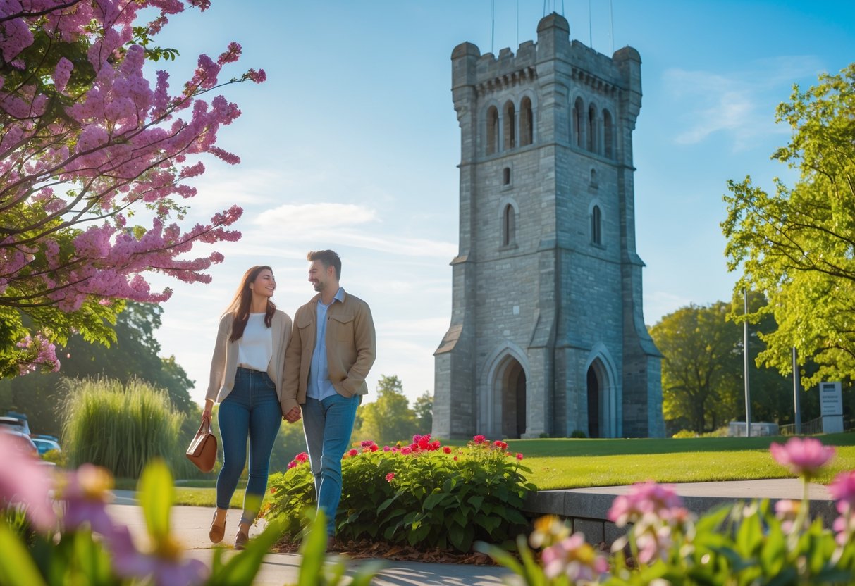 A young couple holding hands and smiling near Woodbridge Memorial Tower surrounded by greenery and flowers under a clear sky.