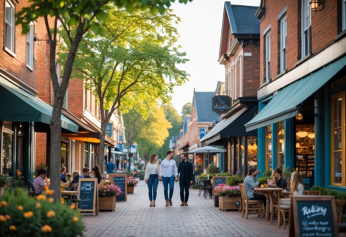 A charming small-town main street with brick buildings, outdoor cafes, and couples walking and enjoying the scene.