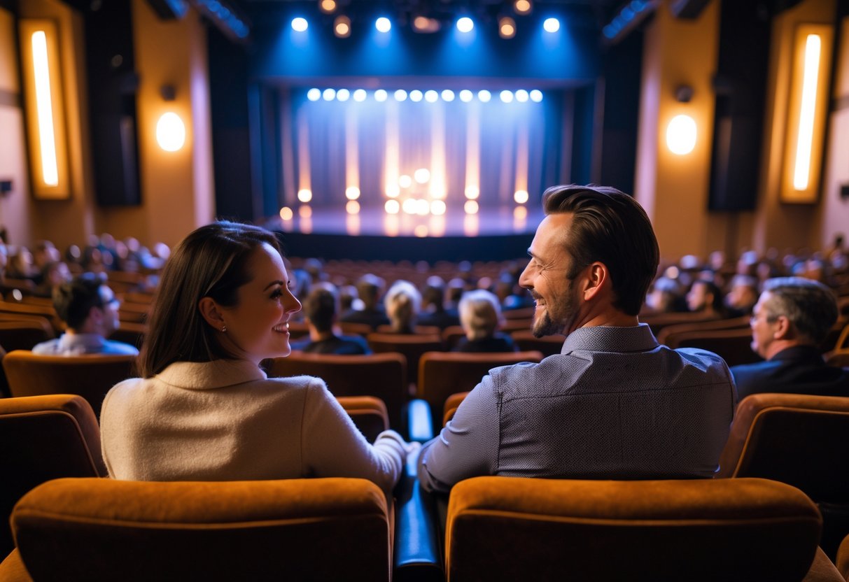 A couple sitting together in a theater enjoying a live show with other audience members around them.