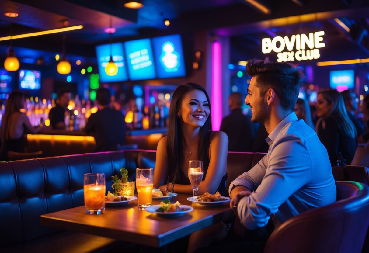 A young couple enjoying drinks and appetizers at a lively bar inside Bovine Sex Club during an evening date.