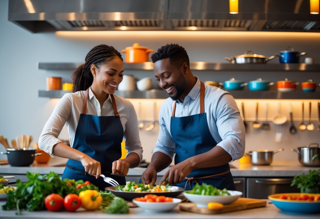 A couple cooking together in a bright, modern kitchen, smiling and preparing a meal with fresh ingredients.