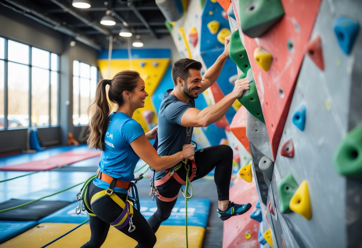 A man and woman rock climbing together indoors at Earth Treks Crystal City gym in Arlington, Virginia.