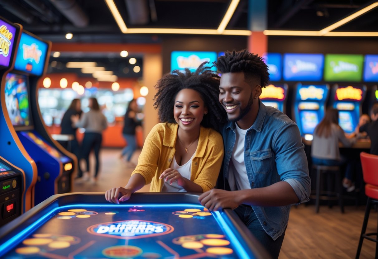 A young couple playing arcade games together inside a lively entertainment venue with colorful lights and other people in the background.