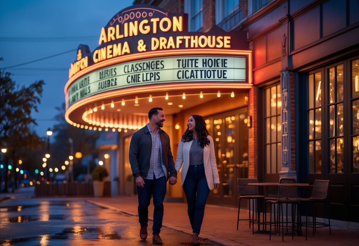 A couple holding hands outside Arlington Cinema & Drafthouse at night with vintage movie marquee lights and outdoor seating nearby.
