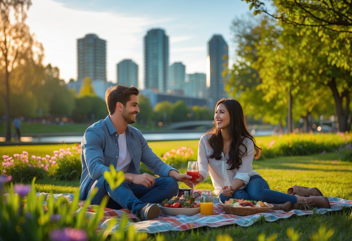 A young couple enjoying a picnic together in a park with greenery and city buildings in the background.