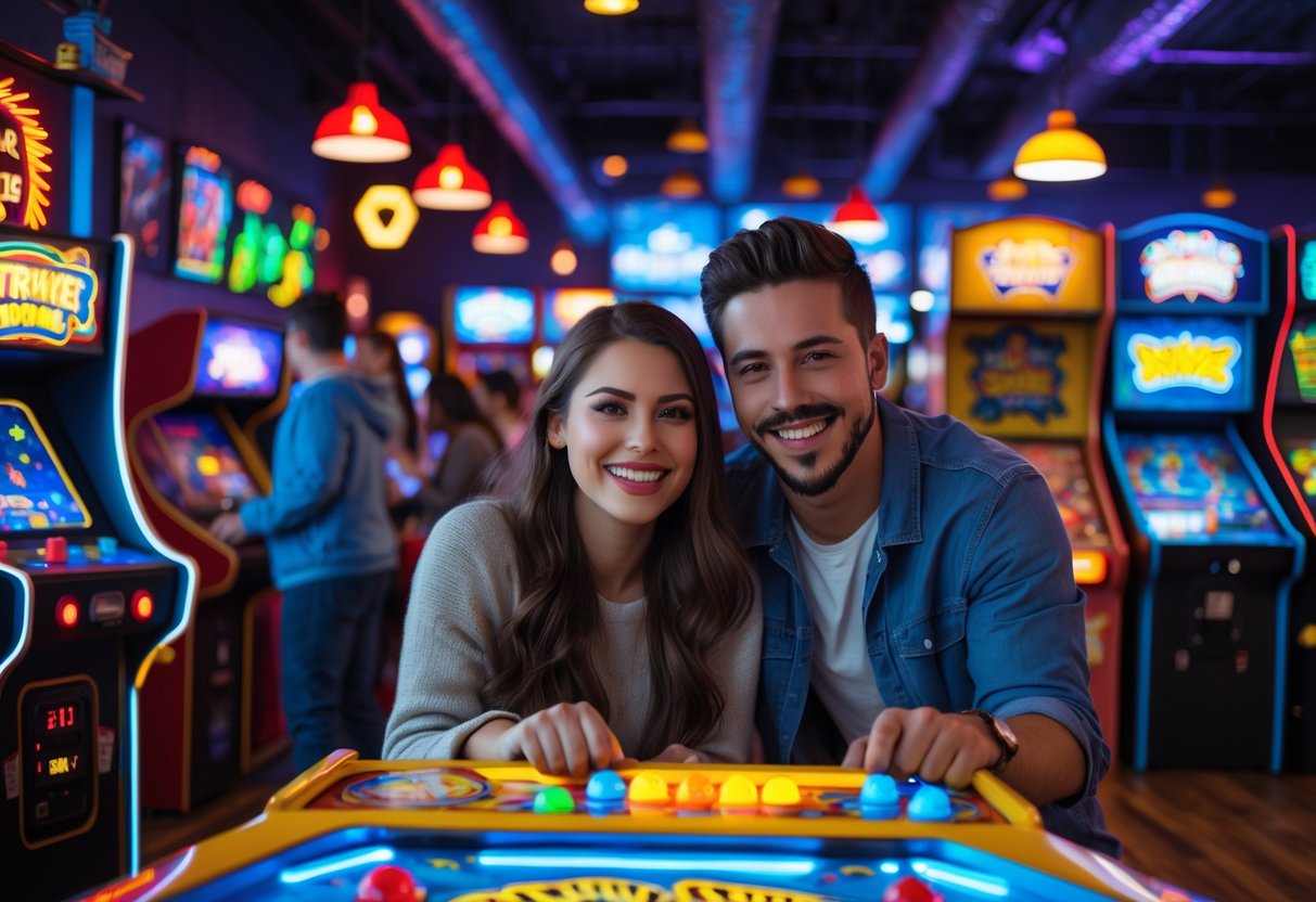 A young couple playing arcade games together in a lively arcade filled with colorful lights and game machines.