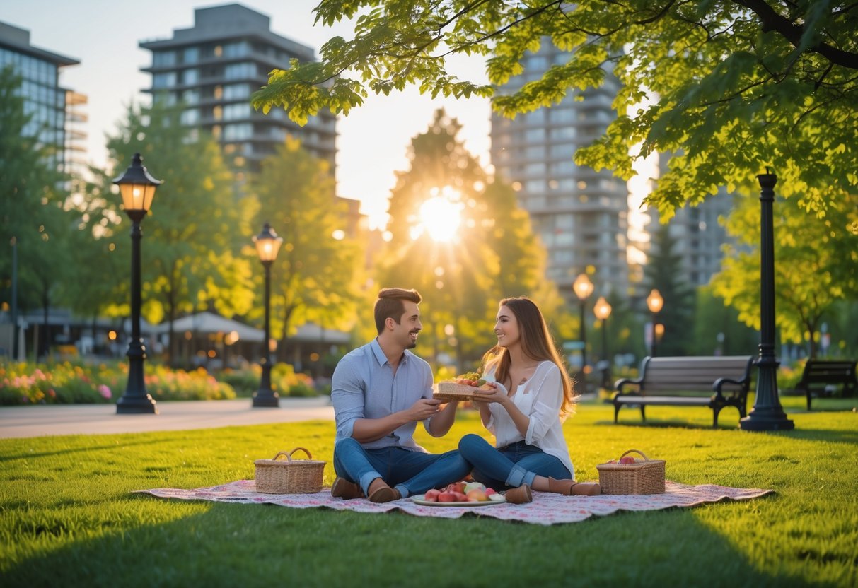 A young couple enjoying a picnic together in a sunny park with city buildings in the background.
