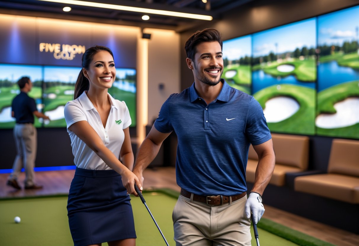 A young couple playing indoor golf together at a modern golf entertainment venue.