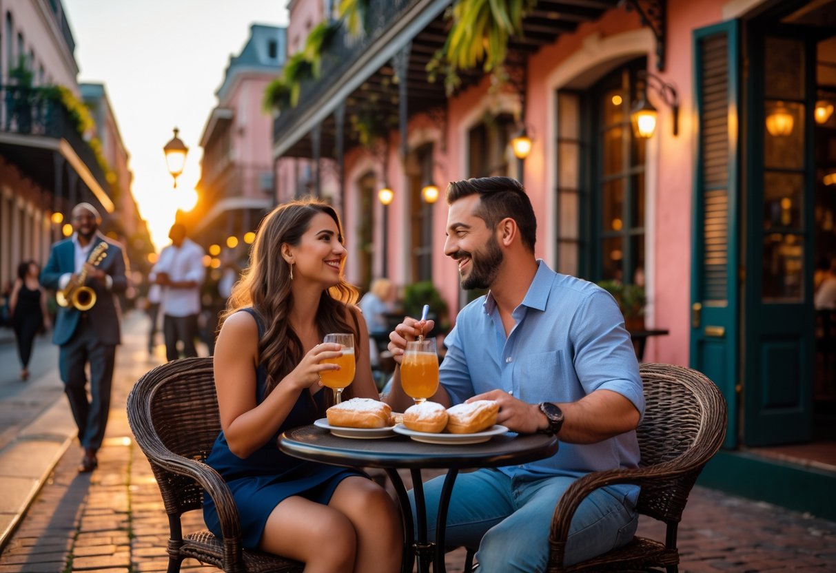 A couple enjoying a date at an outdoor café on a colorful street in New Orleans with jazz musicians and historic buildings in the background.