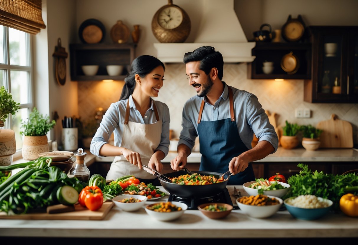 A couple cooking together in a home kitchen, preparing a themed dinner with ingredients and decorations from a specific country's cuisine.