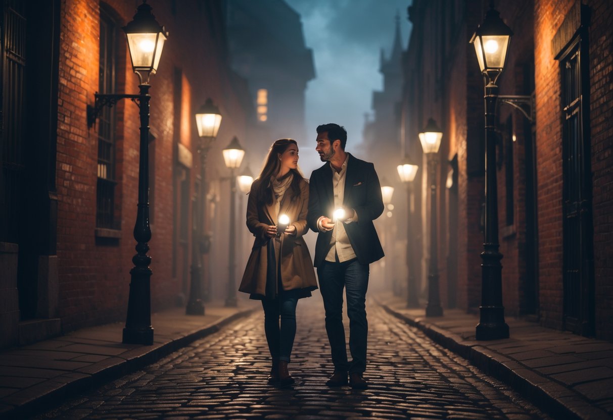 A couple walking on a cobblestone street during a ghost tour at dusk, surrounded by old buildings and street lamps with a tour guide nearby.