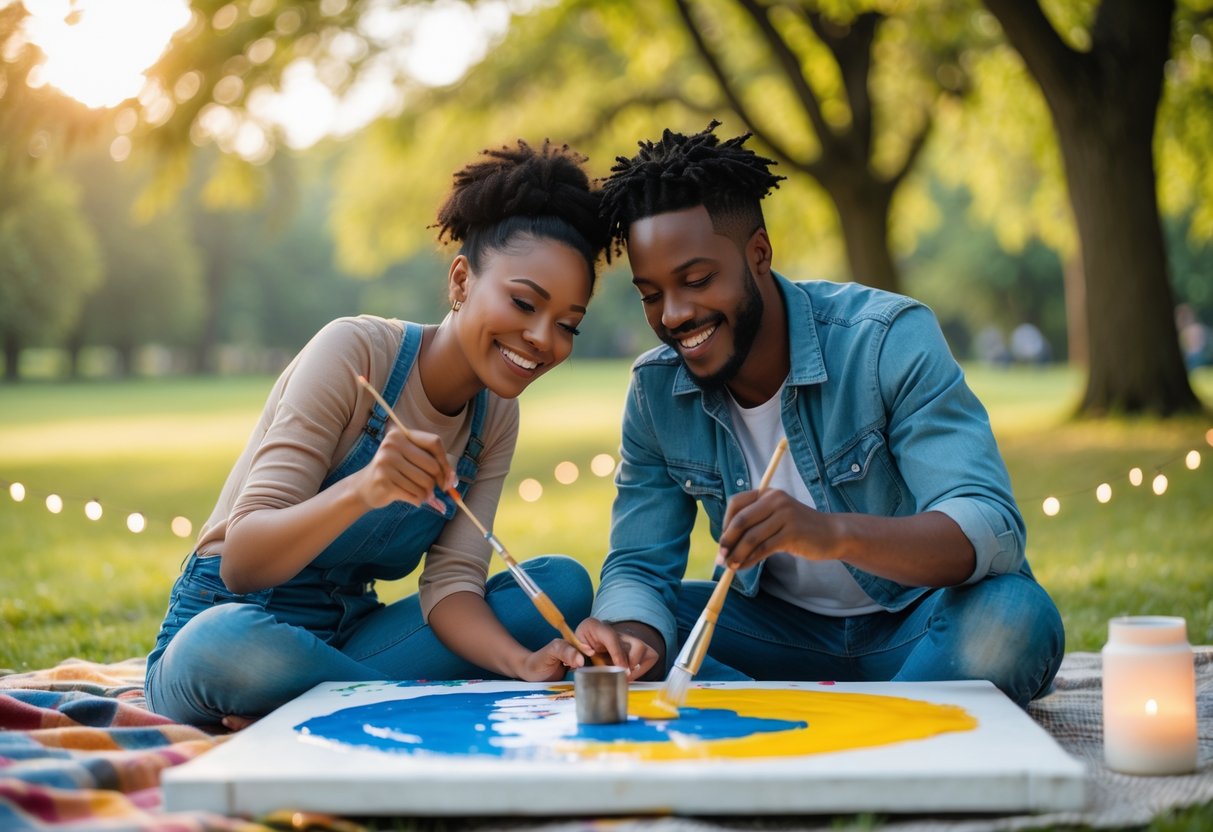 A couple painting together on a large canvas outdoors in a park, smiling and enjoying their time.