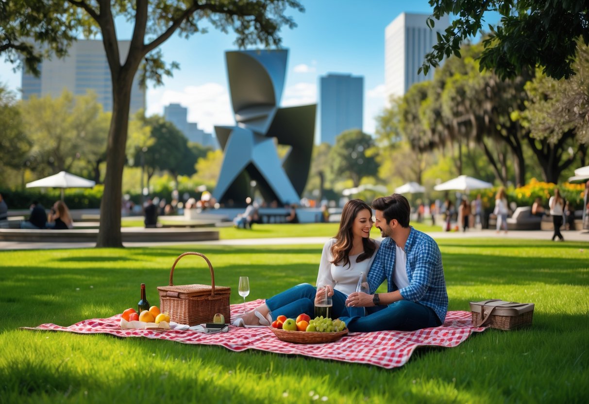 A couple having a picnic on a blanket in a city park with sculptures visible in the background.