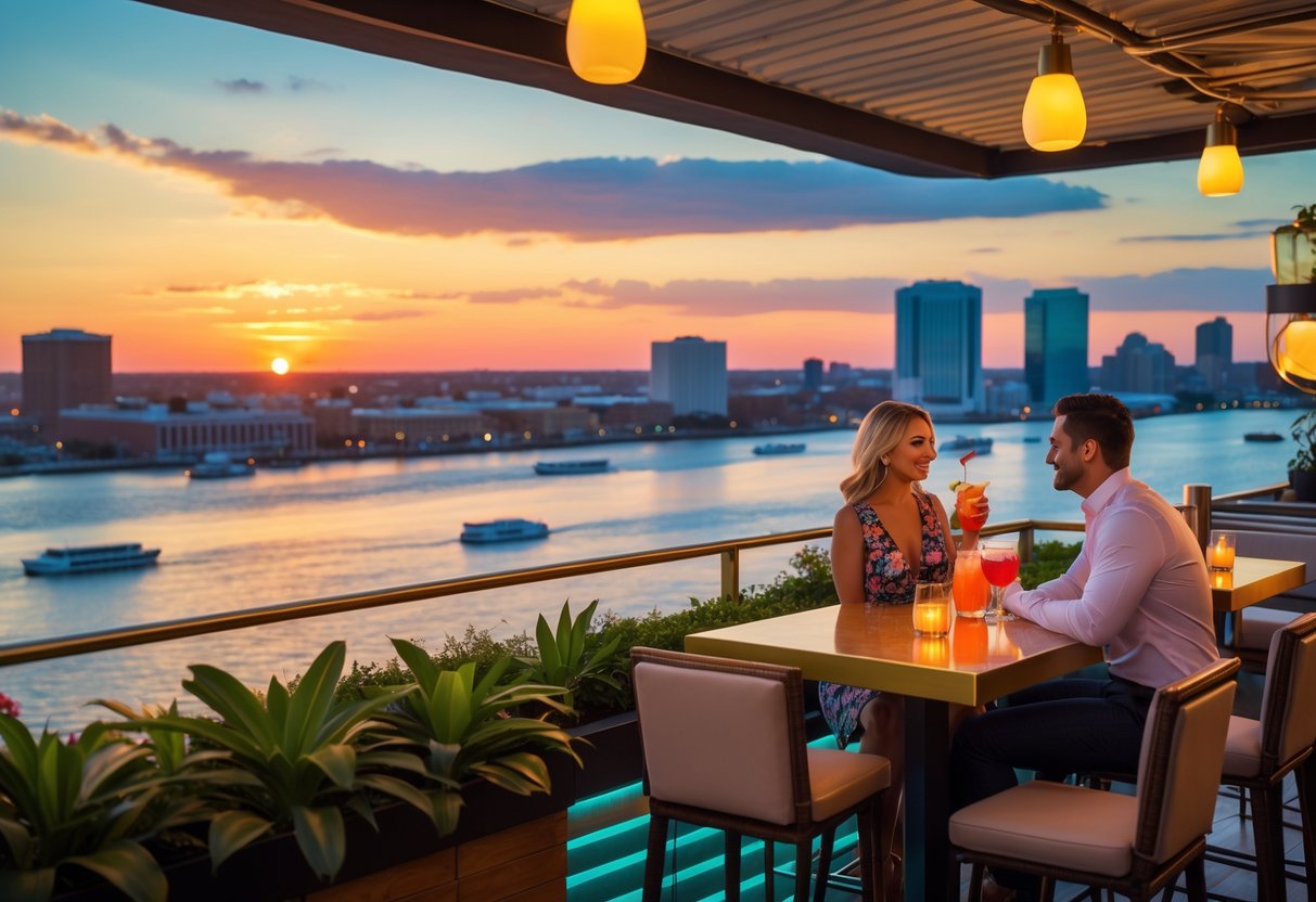 A couple enjoying cocktails at a rooftop bar overlooking the Mississippi River and New Orleans cityscape at sunset.