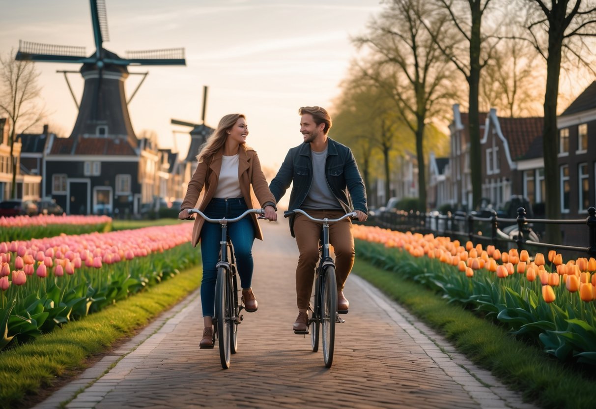 A young couple riding bicycles along a canal path with tulip fields and windmills in the background in the Netherlands.