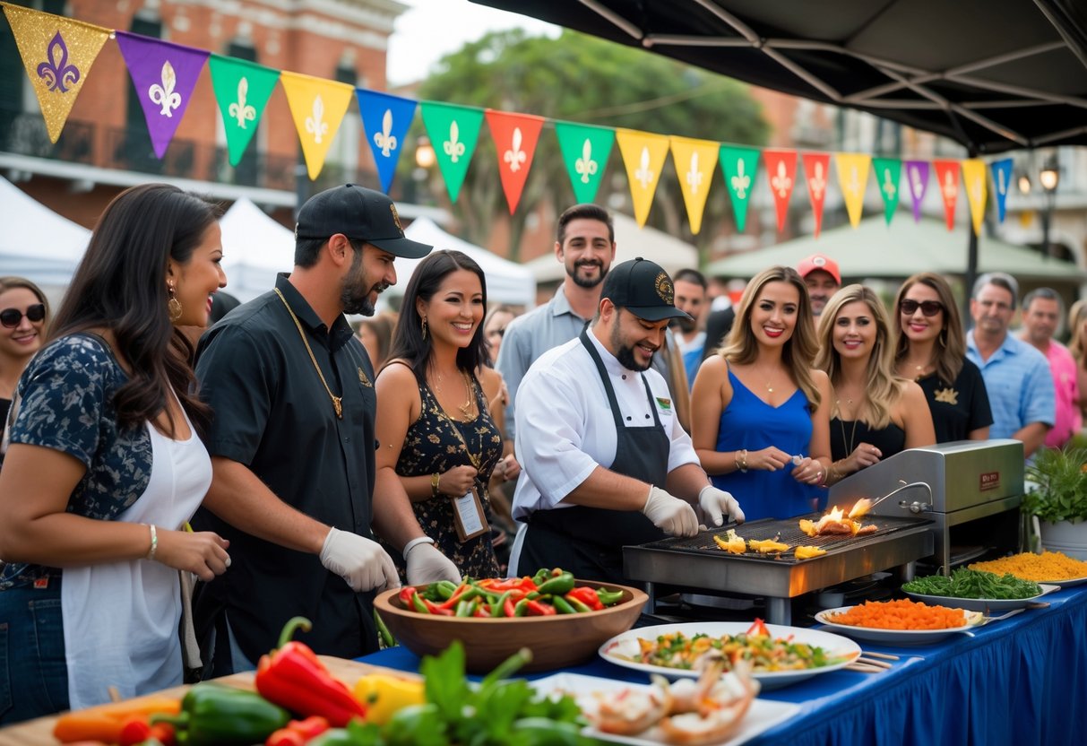 People watching a chef cook traditional Creole food at an outdoor New Orleans food festival with festive decorations and historic buildings in the background.