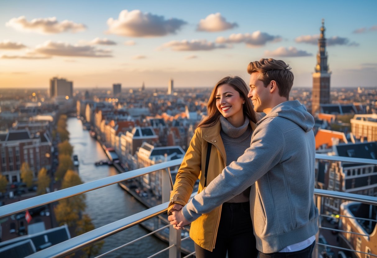 A couple holding hands on the observation deck of A’DAM Lookout with panoramic views of Amsterdam’s cityscape in the background.