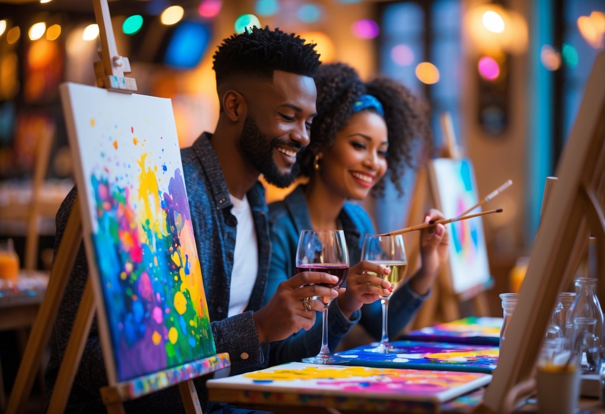 A couple painting on canvases and drinking wine together in an art studio during a paint and sip class.