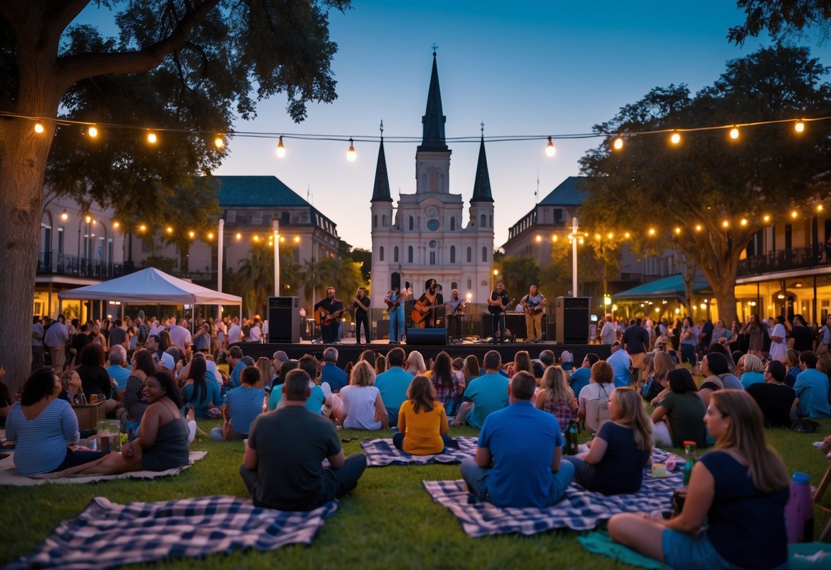 People enjoying a live outdoor concert at Lafayette Square in New Orleans with musicians on stage and a crowd gathered on the grass.