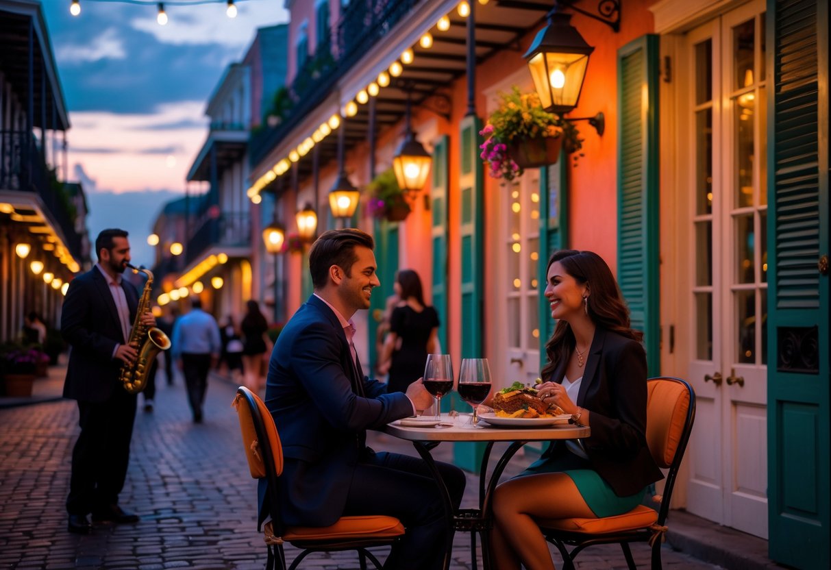 A couple enjoying a romantic outdoor dinner on a lively New Orleans street with historic buildings, street lamps, and a jazz musician playing nearby.