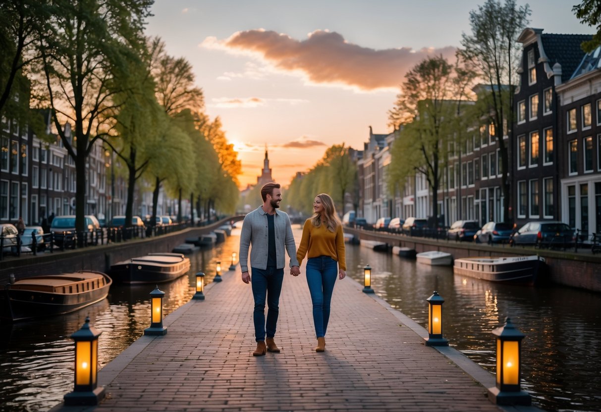A couple walking along a riverside path by the Amstel River at sunset with boats and historic buildings nearby.