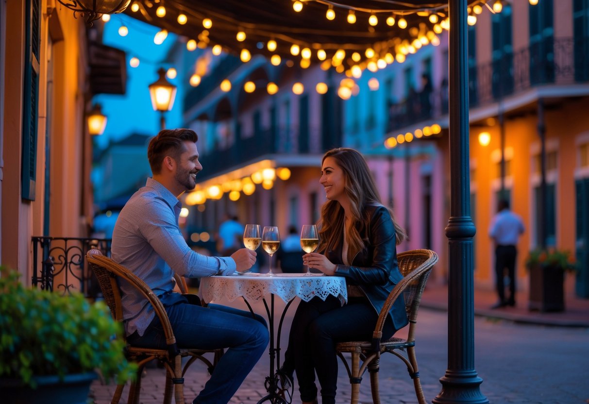 A couple enjoying a romantic outdoor dinner at a café in New Orleans' French Quarter during early evening.