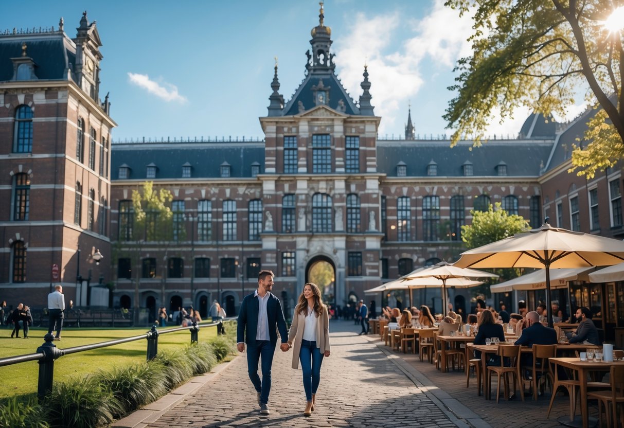 A couple walking hand in hand near the Rijksmuseum with an outdoor cafe nearby on a sunny day.