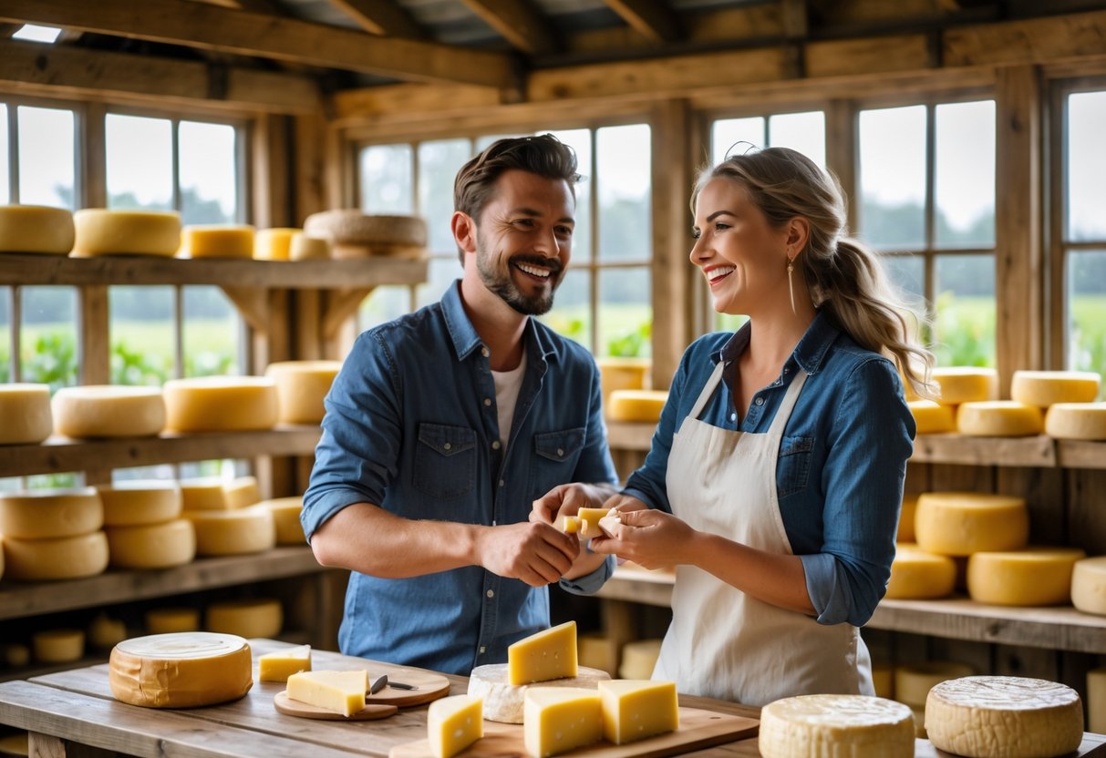 A couple smiling and making cheese together inside a traditional Dutch cheese farm with cheese wheels on shelves behind them.