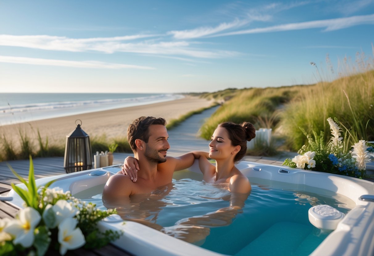 A couple enjoying a relaxing spa day outdoors near the beach with dunes and the sea in the background.