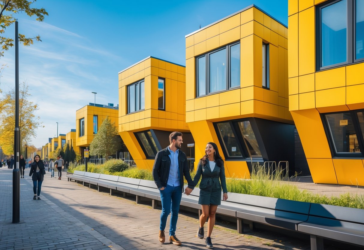 A young couple walking hand in hand near the tilted yellow Cube Houses in Rotterdam on a sunny day.