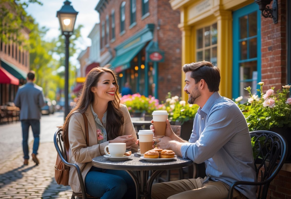A young couple enjoying coffee and pastries at an outdoor café on a sunny day in a historic town with brick buildings and cobblestone streets.