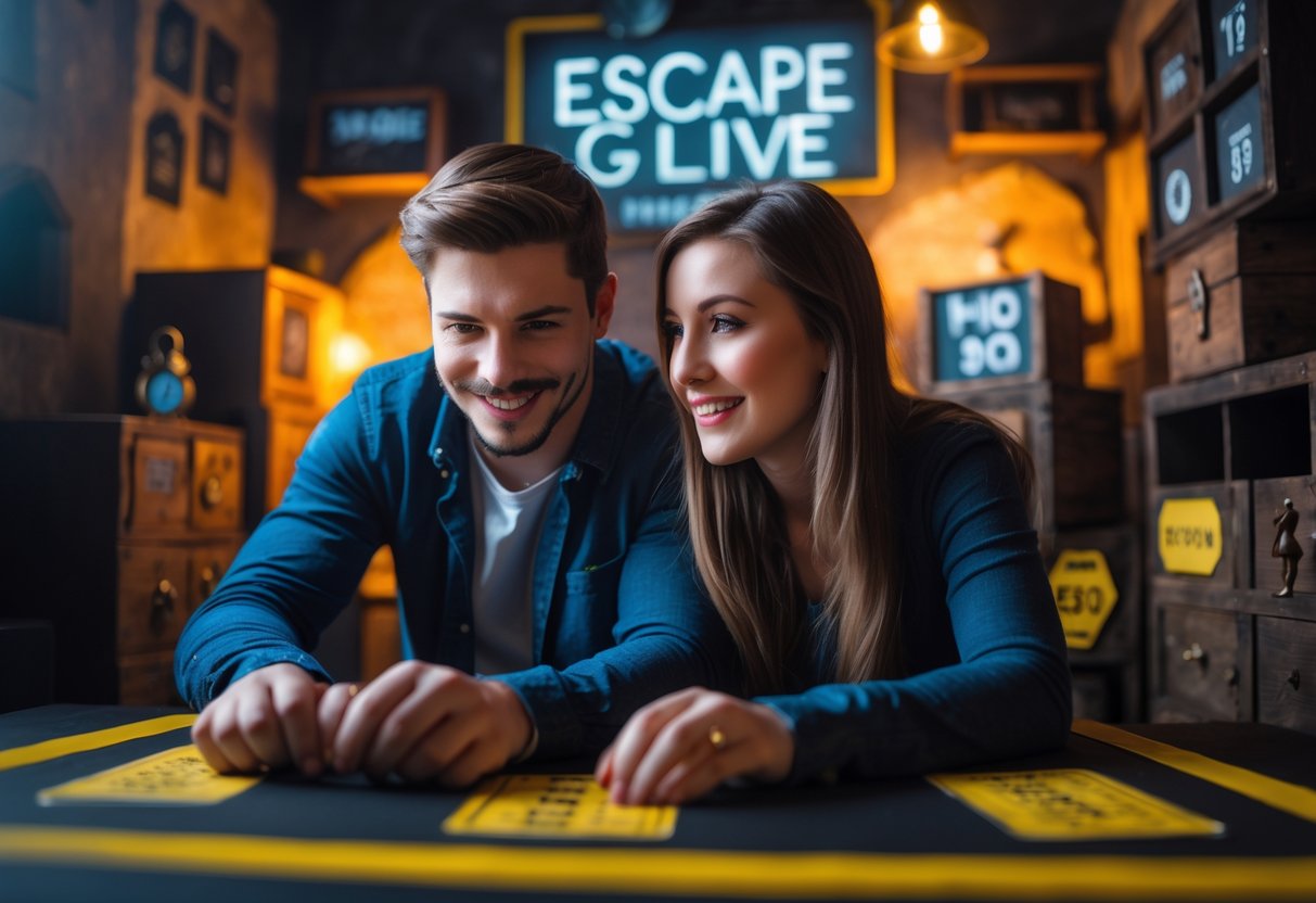 A young couple working together to solve puzzles inside an escape room.