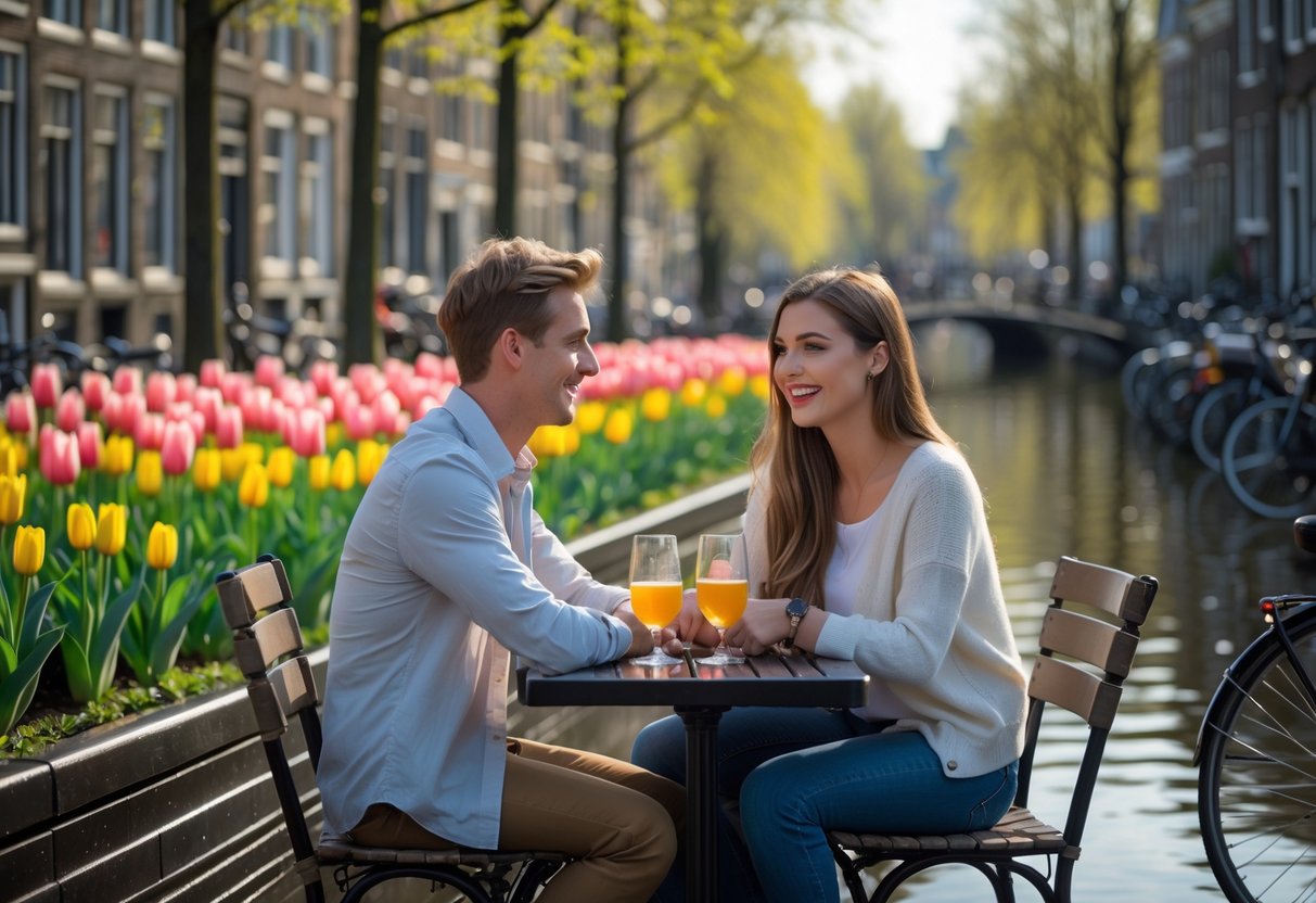 A couple sitting at a café table by a canal surrounded by blooming tulip gardens and bicycles in the Netherlands.